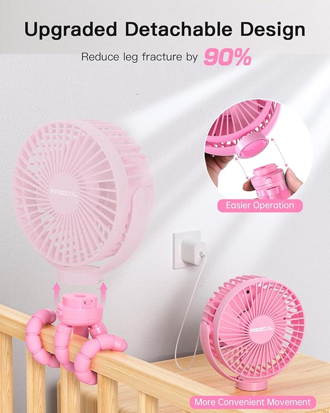 FRIZCOL 12000mAh Portable Stroller Fan, Use As Power Bank, 65H Battery Operated Fan Flexible Tripod Clip On Fans, Detachable Personal Handheld Baby Fans for Stroller, Car seat, Desk, Treadmill(Pink)