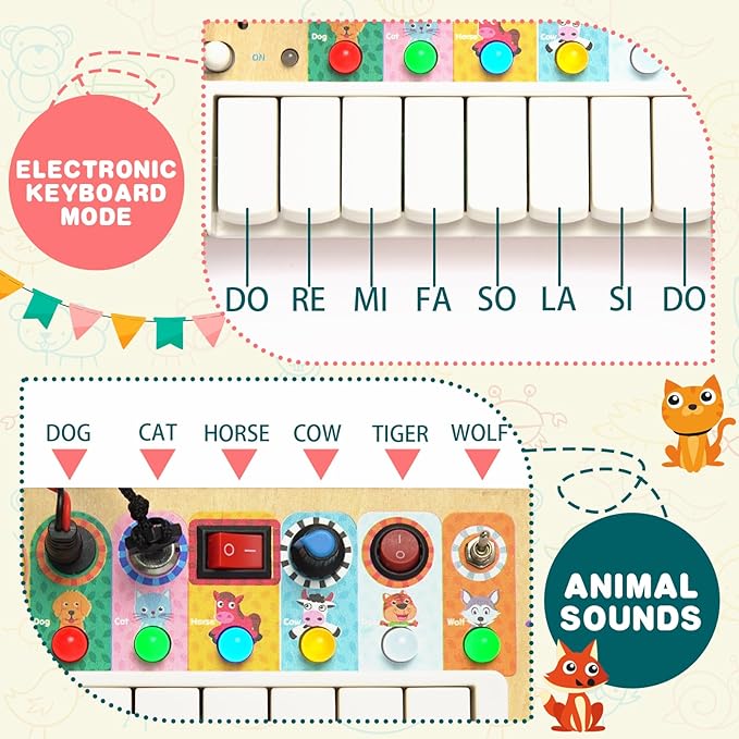 Busy Board Toys for Toddlers, Wooden Montessori Toys with Keys 6 Led Light Switch for Toddlers, Sensory Board Toys Educational Activity, Travel Toys & Gifts for Kids Boys and Girls 3+ Year Old