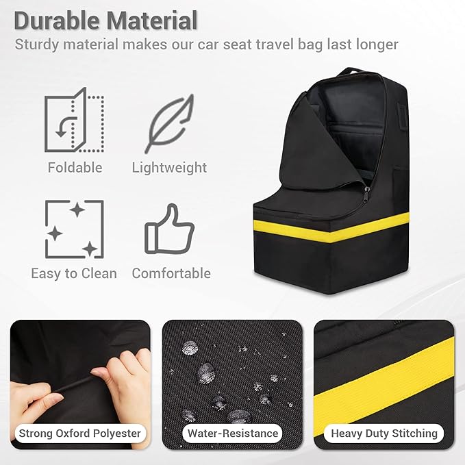 Car Seat Travel Bag - Padded, Comfortable, Durable, Roomy Gate Check Carseat Cover Backpack Fits 3-in-1,Convertible, Booster & Infant Car Seats for Airplane, Airport, Yellow