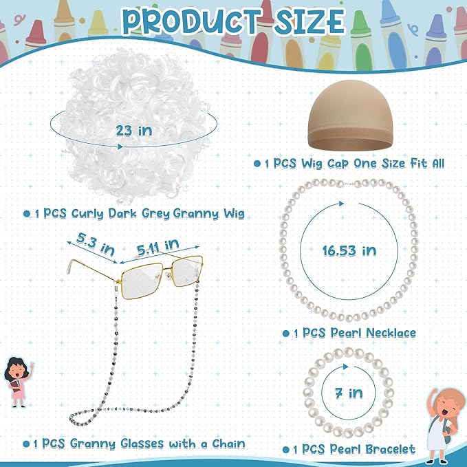 100 Days of School Costume, White Curly Wig Glasses Wig Cap Pearl Necklace Bracelet Accessories for Old Lady Costume