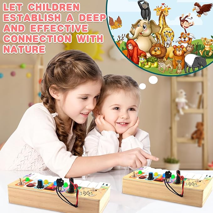 Busy Board Toys for Toddlers, Wooden Montessori Toys with Keys 6 Led Light Switch for Toddlers, Sensory Board Toys Educational Activity, Travel Toys & Gifts for Kids Boys and Girls 3+ Year Old