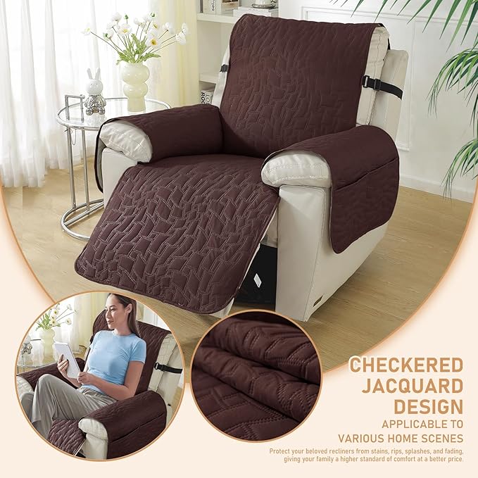 100% Waterproof Recliner Chair Cover, Non Slip Covers for Recliner Chair with Pocket, Washable Recliner Armchair Cover for Kids, Pets, Dog, Cat,Dark Coffee,23IN