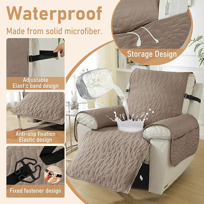 100% Waterproof Recliner Chair Covers for Reclining Chair, Large Recliner Covers That Stay in Place, Non-Slip Recliner Armchair Cover with Pockets for Kids, Pets, Dogs, Cat, Washable,Khaki,28IN