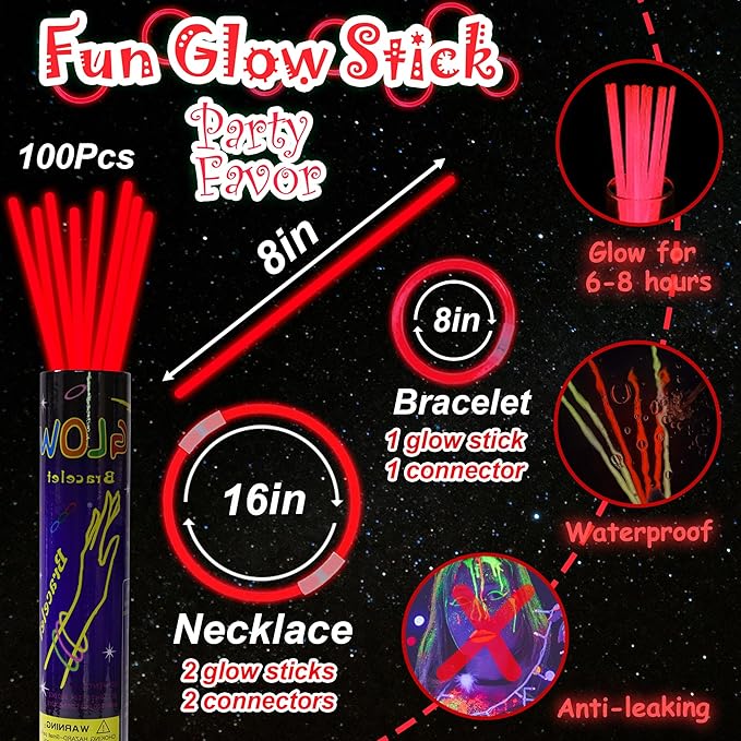 100 pk 8" Glow Sticks Bulk Party Favors, Light up Glow Necklaces & Bracelets in the Dark Party Supplies For Christmas Halloween 4th of July Birthday Neon Party (100 * Red)
