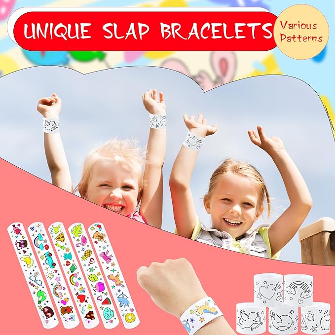 100 Pcs Coloring Cartoon Slap Bracelets Bulk White Slap Bands 8.7 x 1.2 Inch DIY Slap Bracelet for Kids Birthday Party Favors DIY Craft Classroom Craft Projects Prizes, 5 Styles