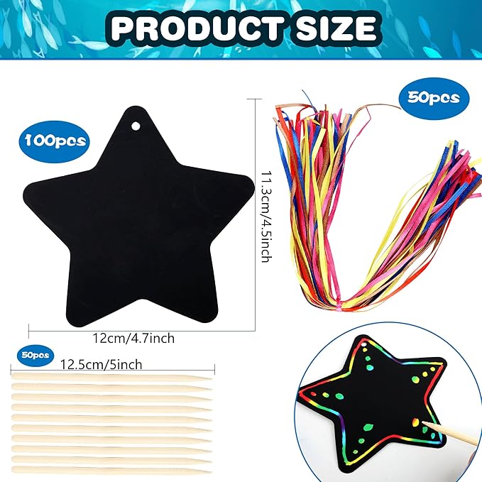 100 Pcs Ocean Animals Scratch Cards Ocean Sea Crafts DIY Blank Ocean Party Scratch Card with 50 Wooden Sticks and 50 Ribbons for Kids DIY Crafts Summer Sea theme Party Favors, 20 Styles