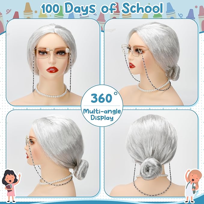 100 Days of School Costume, Old Lady Cosplay Silver Bun Wig Glasses Wig Cap Pearl Necklace Bracelet Accessories for Girls