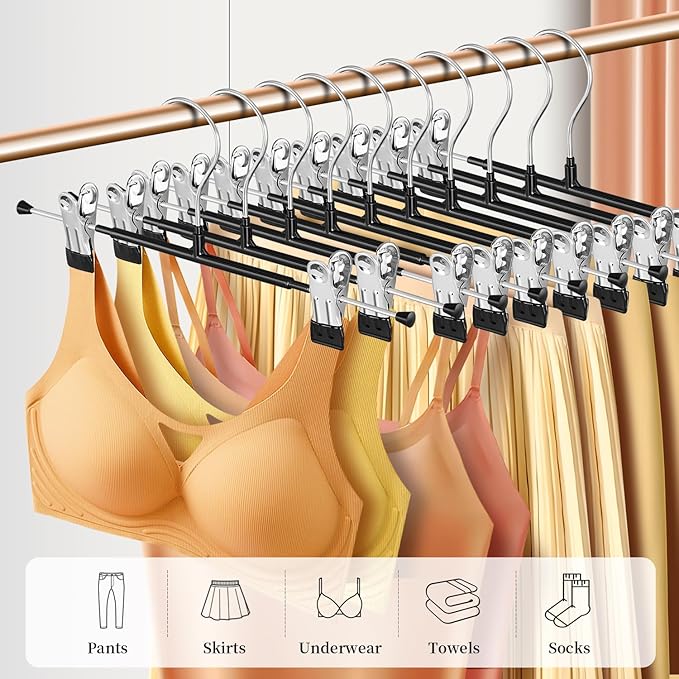 10 Pack 14Inch Heavy Duty Pants Skirt Hangers with Clips,Metal Trousers Hanger for Jeans Black Non Slip Women Shorts Hangers Saving Space Clothing Hanger for Adult,Men,Children,Kid,Baby