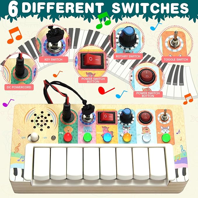Busy Board Toys for Toddlers, Wooden Montessori Toys with Keys 6 Led Light Switch for Toddlers, Sensory Board Toys Educational Activity, Travel Toys & Gifts for Kids Boys and Girls 3+ Year Old