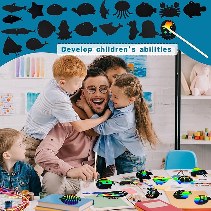 100 Pcs Ocean Animals Scratch Cards Ocean Sea Crafts DIY Blank Ocean Party Scratch Card with 50 Wooden Sticks and 50 Ribbons for Kids DIY Crafts Summer Sea theme Party Favors, 20 Styles