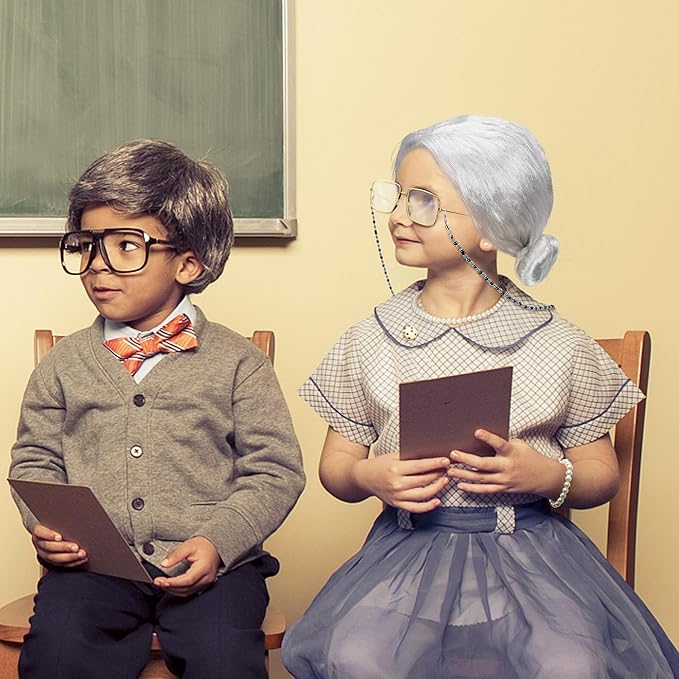 100 Days of School Costume, Old Lady Cosplay Silver Bun Wig Glasses Wig Cap Pearl Necklace Bracelet Accessories for Girls