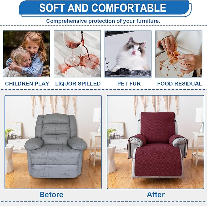 100% Waterproof Nonslip Recliner Covers for Large Recliner, Reclining Chair Covers with 5 Pockets, Elastic Straps, Washable Recliner Protector for Kids, Pets, Dogs, Red