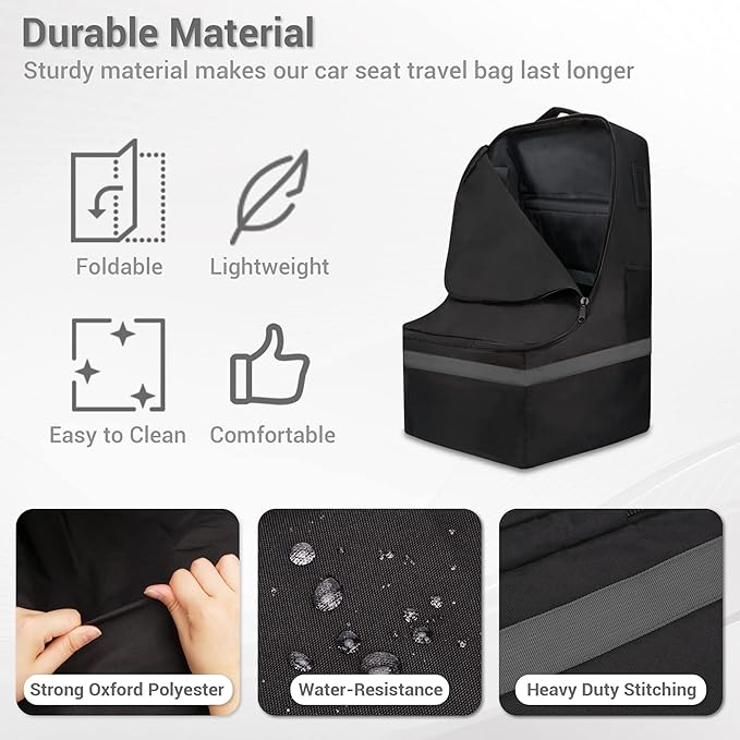 Car Seat Travel Bag - Padded, Comfortable, Durable, Roomy Gate Check Carseat Cover Backpack Fits 3-in-1,Convertible, Booster & Infant Car Seats for Airplane, Airport, Gray