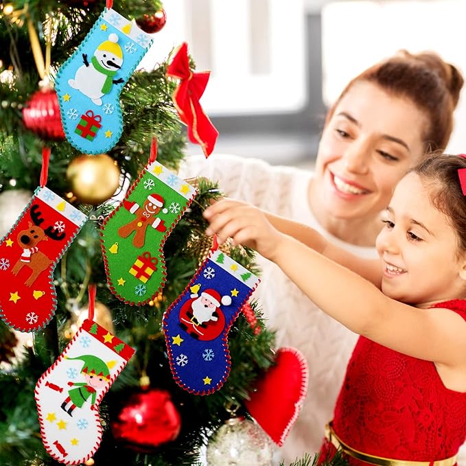 10 Pieces Felt Christmas Craft DIY Christmas Felt Stockings with Ornaments Handmade Sewing Sock Kits for Kids Christmas Favors Decorations Crafts Kits Christmas Party Hand DIY Supplies, 5 Styles