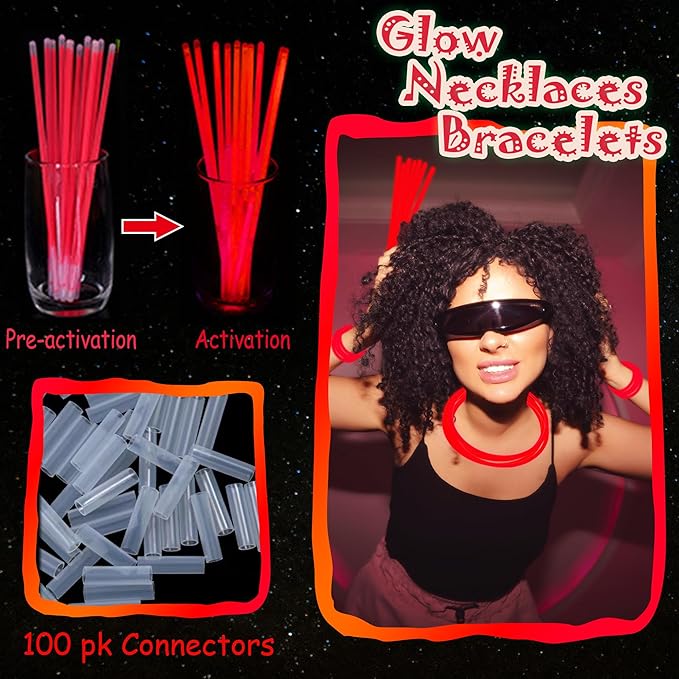 100 pk 8" Glow Sticks Bulk Party Favors, Light up Glow Necklaces & Bracelets in the Dark Party Supplies For Christmas Halloween 4th of July Birthday Neon Party (100 * Red)