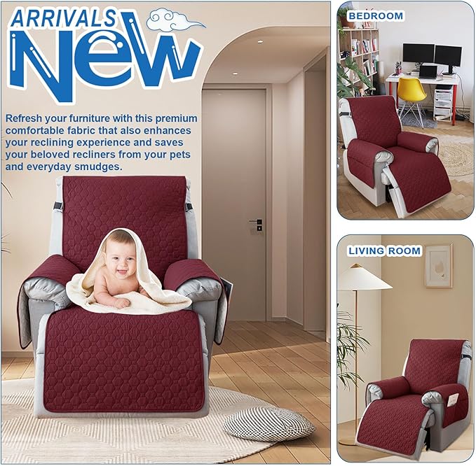 100% Waterproof Nonslip Recliner Covers for Large Recliner, Reclining Chair Covers with 5 Pockets, Elastic Straps, Washable Recliner Protector for Kids, Pets, Dogs, Red