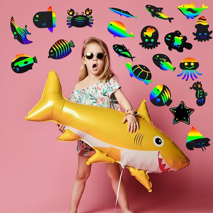 100 Pcs Ocean Animals Scratch Cards Ocean Sea Crafts DIY Blank Ocean Party Scratch Card with 50 Wooden Sticks and 50 Ribbons for Kids DIY Crafts Summer Sea theme Party Favors, 20 Styles