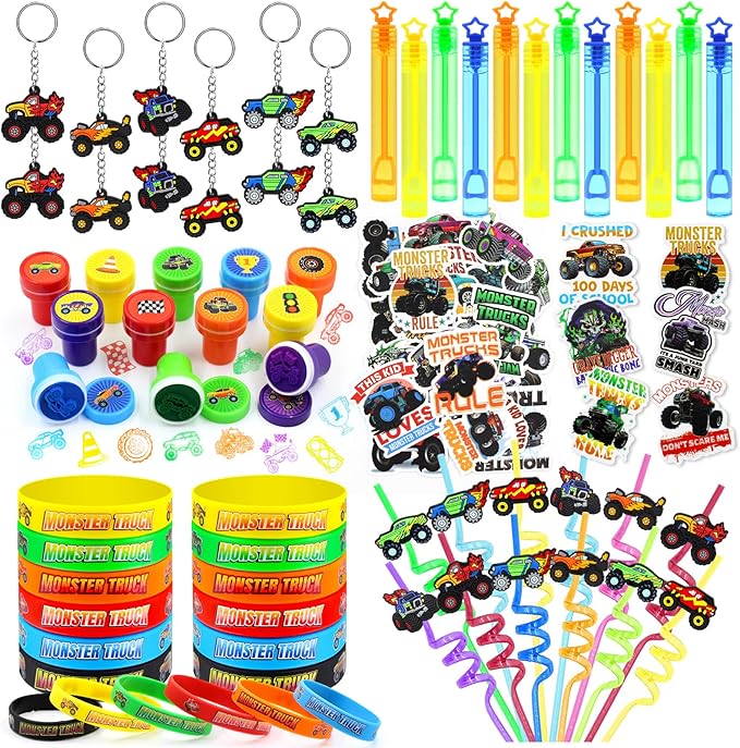 110 PCS Monster Truck Party Favors Birthday Supplies with Drinking Straws, Silicone Bracelets, Bubble Wands, Keychains, and Monster Truck Pinata for Boys Goodie Bag Stuffers