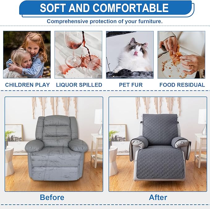 100% Waterproof Recliner Chair Covers That Stay in Place, Non-Slip Recliner Armchair Cover with 5 Pockets, Elastic Straps, Washable Reclining Chair Protector for Kids, Pets, Dogs (Grey, 25inch)