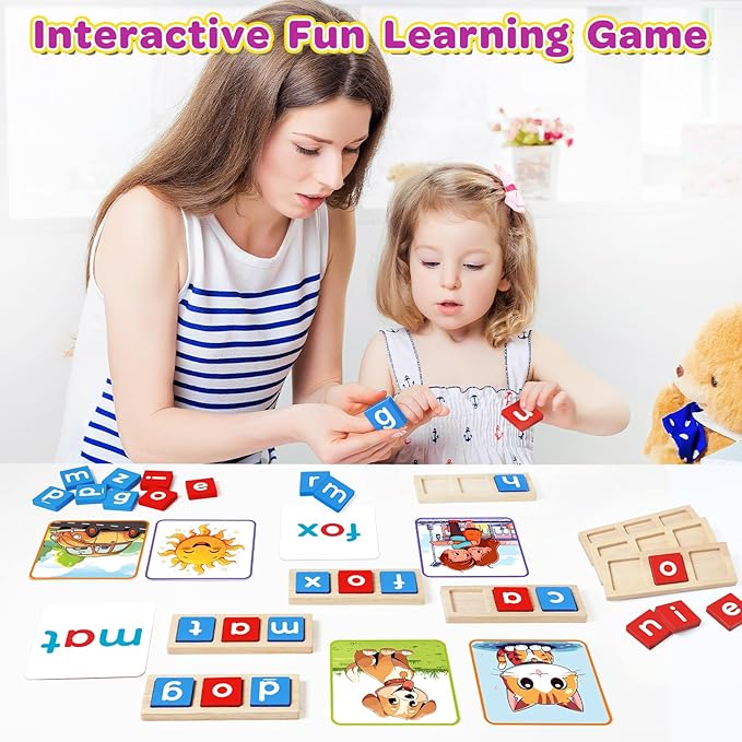 KMUYSL CVC Word Spelling Games, Wooden Learning Activities Toys, Educational Montessori Toy for 2 3 4 5 Years Old Toddlers Kids Boys and Girls, Flash Cards Sight Words for Kindergarten Preschool