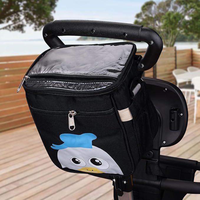 Baby Stroller Organizer Bag,Small Diaper Bag - Universal Stroller Organizer With Insulated Cup Holder,Pocket With Baby Wipes Dispenser,Adjustable Shoulder Strap(Black)