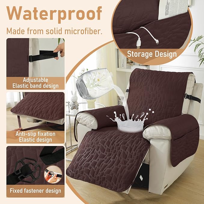 100% Waterproof Recliner Chair Cover, Non Slip Covers for Recliner Chair with Pocket, Washable Recliner Armchair Cover for Kids, Pets, Dog, Cat,Dark Coffee,23IN