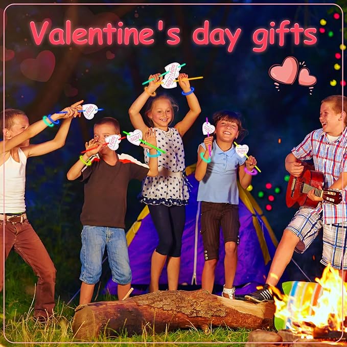 100 Sets Valentine's Day Party Supplies Gifts Include 100 Glow Sticks with 100 Heart Cards, Valentine Prize Exchange Cards Glow in the Dark Party Favors