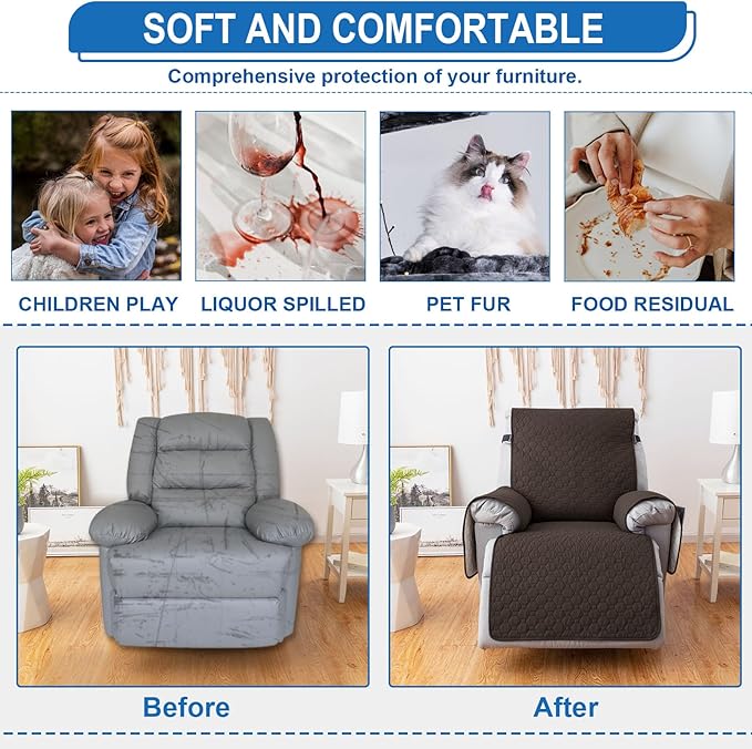 100% Waterproof Recliner Chair Covers, Anti-Slip Recliner Cover, Washable Recliner Slipcover with Pocket, Elastic Straps for Pets, Dogs, Brown