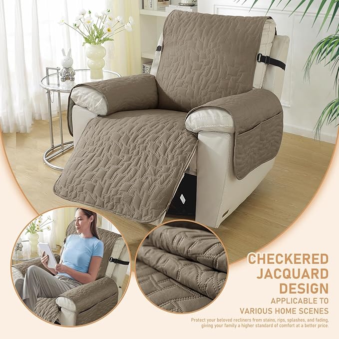 100% Waterproof Recliner Chair Covers for Reclining Chair, Small Recliner Covers That Stay in Place, Non-Slip Recliner Armchair Cover with Pockets for Kids, Pets, Dogs, Cat, Washable,Coffee,28