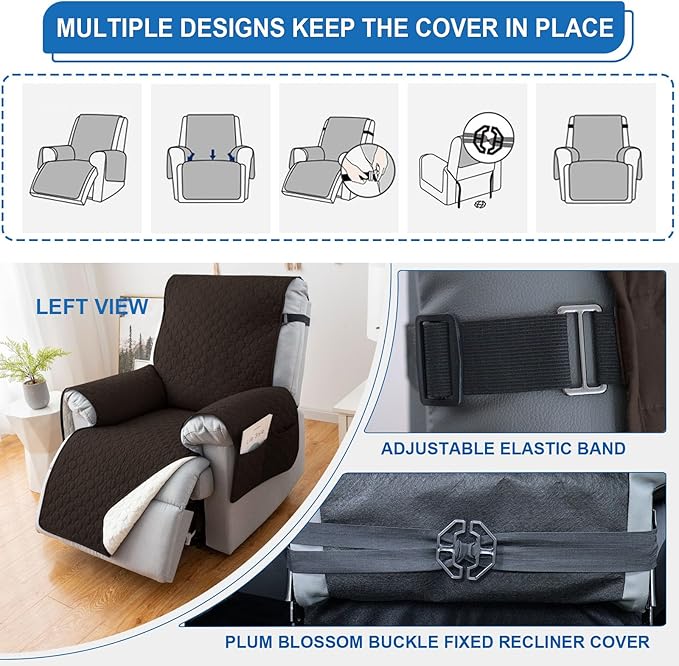 100% Waterproof Recliner Chair Covers That Stay in Place, Non-Slip Recliner Cover with 5 Pockets, Elastic Straps, Washable Reclining Chair Protector for Kids, Pets, Dogs, Chocolate