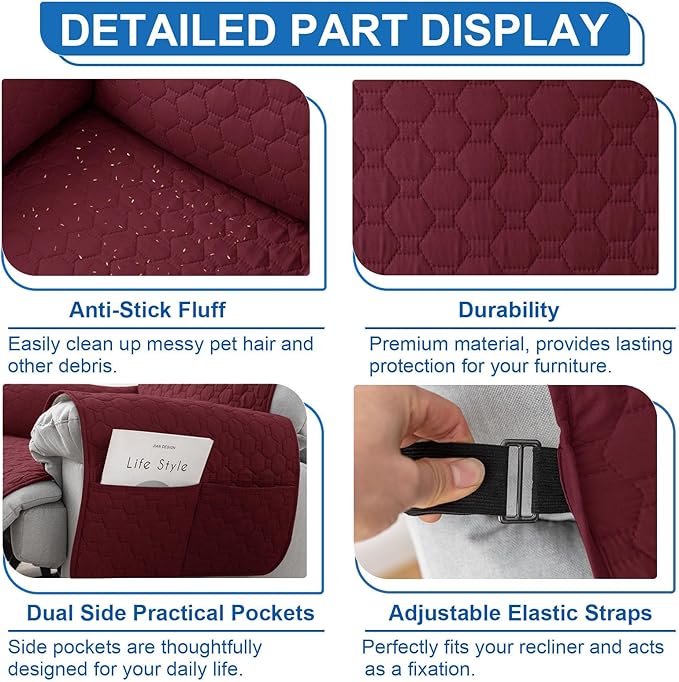 100% Waterproof Nonslip Recliner Covers for Large Recliner, Reclining Chair Covers with 5 Pockets, Elastic Straps, Washable Recliner Protector for Kids, Pets, Dogs, Red