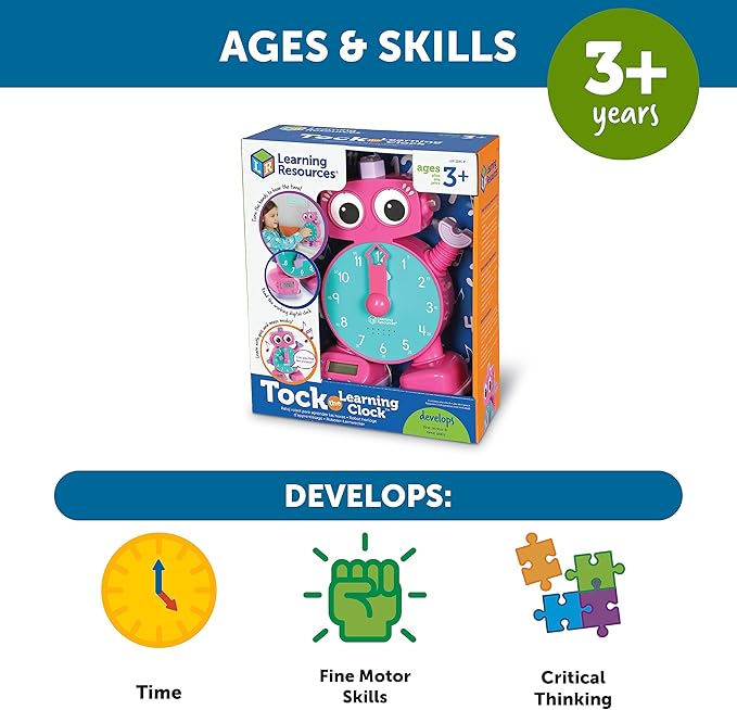 Learning Resources Tock The Learning Clock Pink, 1 Piece, Ages 3+, Educational Talking Clock