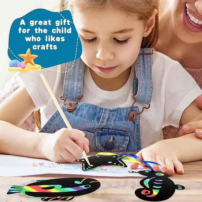100 Pcs Ocean Animals Scratch Cards Ocean Sea Crafts DIY Blank Ocean Party Scratch Card with 50 Wooden Sticks and 50 Ribbons for Kids DIY Crafts Summer Sea theme Party Favors, 20 Styles
