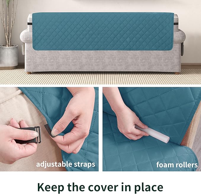 CHUN YI Loveseat Cover, Water Resistant Slipcover for 2 Cushion Couch, Washable Sofa Cover with Adjustable Strap Storage Pocket for Living Room Dog Pet (Loveseat, Blue)