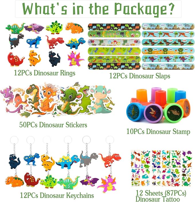 108Pcs Dinosaur Party Favors Dinosaur Stamps Slap Bracelets Keychains Rings Stickers Temporary Tattoos for Kids Birthday Party Supplies, Carnival Prizes, Prize Box Gift, Pinata Goodie Bag Fillers