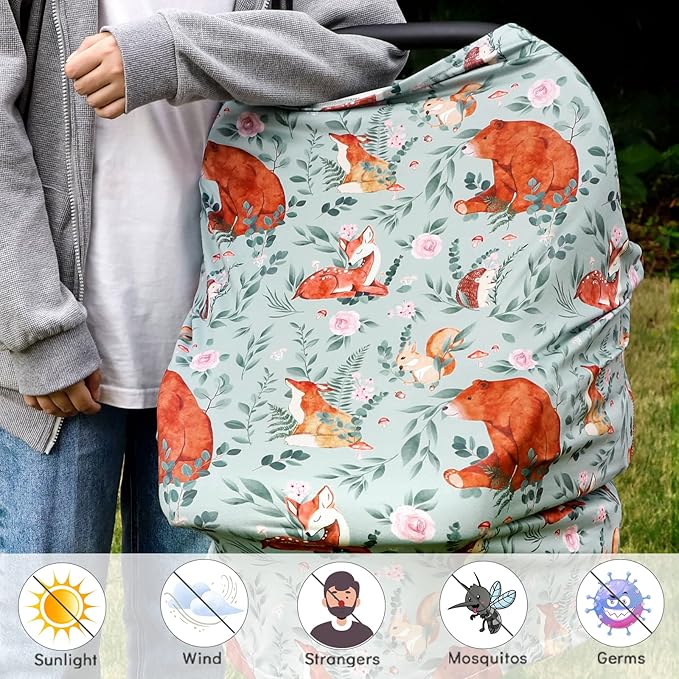 Baby Car Seat Cover, Multi-use Nursing Cover for Breastfeeding, Stretchy Stroller Cover Boys Girls, Stretchy Carseat Canopy, Soft Breathable, Woodland Animal Bear