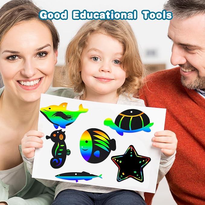 100 Pcs Ocean Animals Scratch Cards Ocean Sea Crafts DIY Blank Ocean Party Scratch Card with 50 Wooden Sticks and 50 Ribbons for Kids DIY Crafts Summer Sea theme Party Favors, 20 Styles