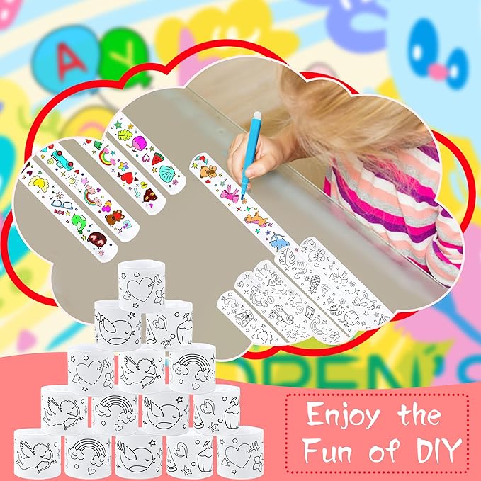 100 Pcs Coloring Cartoon Slap Bracelets Bulk White Slap Bands 8.7 x 1.2 Inch DIY Slap Bracelet for Kids Birthday Party Favors DIY Craft Classroom Craft Projects Prizes, 5 Styles