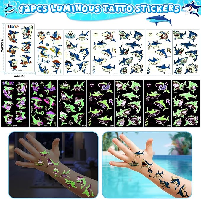 110Pcs Shark Party Favors Birthday Supplies, Straws Bubble Wands Slap Bracelet Keychain Tattoo Sticker Toy Gift Baby Kids Boys Shark Valentines Goodie Bag Stuffer Ocean Under the Sea Party Favors