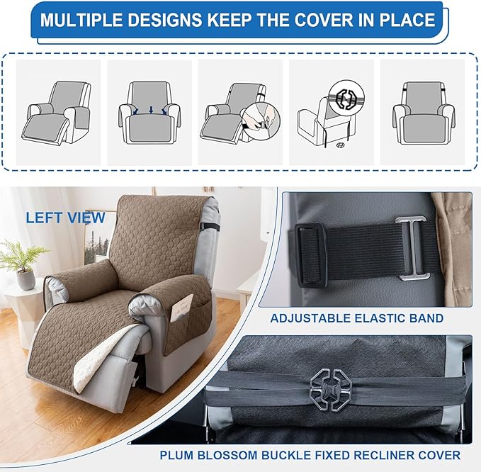 100% Waterproof Recliner Chair Covers That Stay in Place, Non-Slip Recliner Armchair Cover with 5 Pockets, Elastic Straps, Washable Reclining Chair Protector for Kids, Pets, Dogs (Khaki, 30inch)