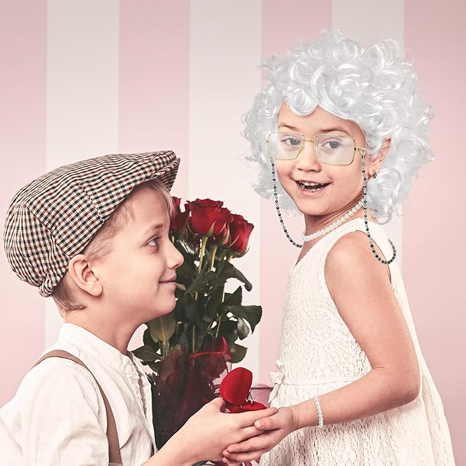 100 Days of School Costume, White Curly Wig Glasses Wig Cap Pearl Necklace Bracelet Accessories for Old Lady Costume