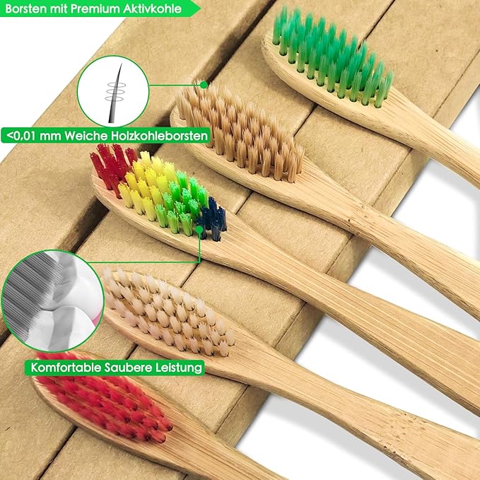 10 Color Soft Bristles Natural Bamboo Toothbrushes Set, Premium BPA Free for Best Clean, Eco-Friendly, Plastic-Free, Vegan, Biodegradable & Compostable Charcoal Wooden