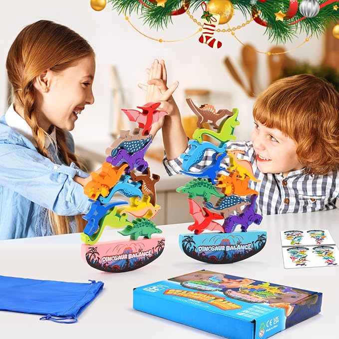 Dinosaur Toys for Kids 3-5: Wooden Stacking Montessori Toys for 3 4 5 6 7 Year Old Balance Competition Game for Family Ideal Easter Birthday Gifts for Kids Ages 3-7 (Double Version)