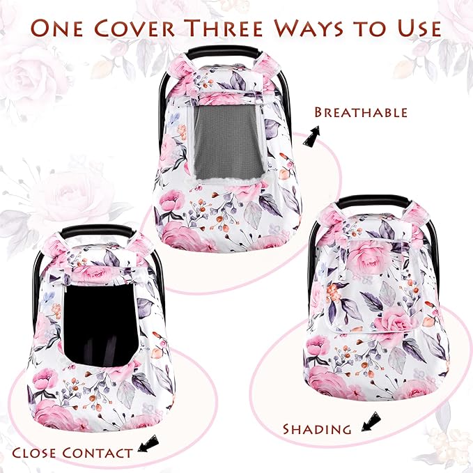 Floral Baby Carseat Cover Girls, Pea Pod Infant Car Seat Covers Canopy for Newborn with 2 Layers Windows of Breathable Mesh/Fabric, Lightweight Polyester/Minky Dot Backing, Snug Fit Most Baby Car Seat
