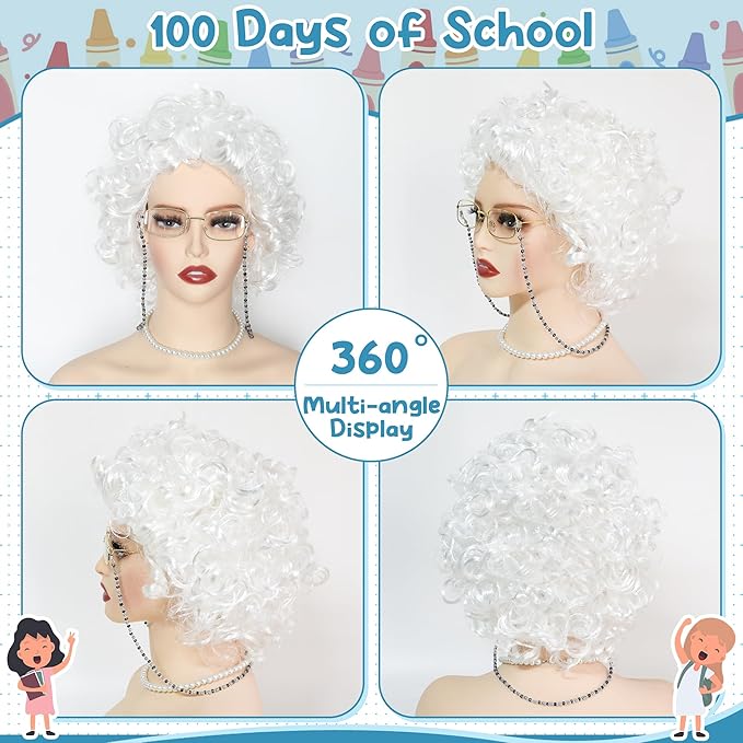 100 Days of School Costume, White Curly Wig Glasses Wig Cap Pearl Necklace Bracelet Accessories for Old Lady Costume