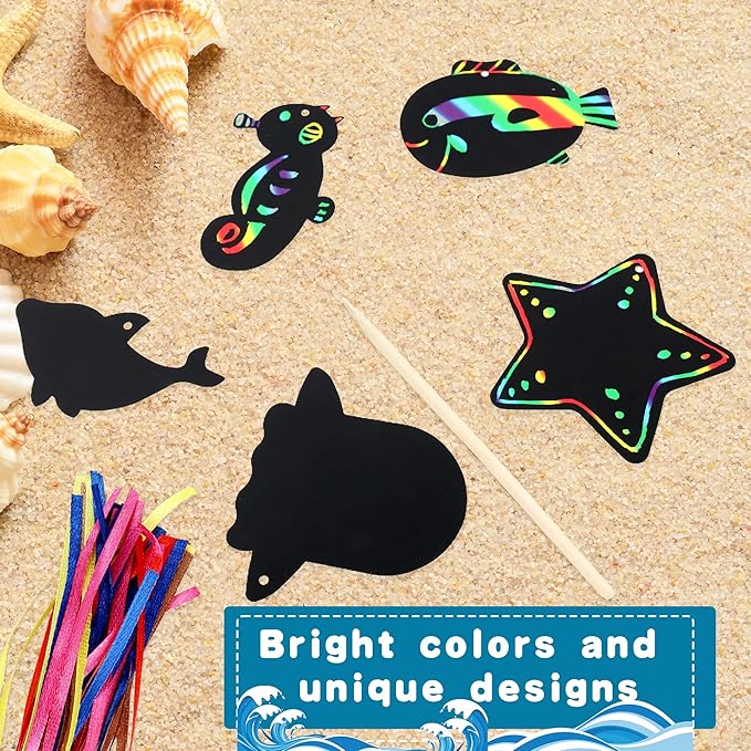 100 Pcs Ocean Animals Scratch Cards Ocean Sea Crafts DIY Blank Ocean Party Scratch Card with 50 Wooden Sticks and 50 Ribbons for Kids DIY Crafts Summer Sea theme Party Favors, 20 Styles