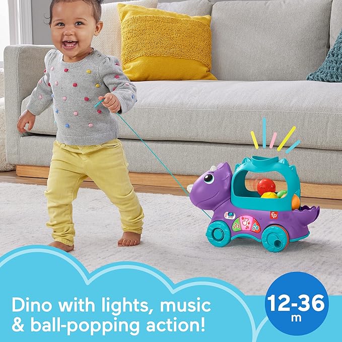 Fisher-Price Toddler Learning Toy Poppin’ Triceratops Dinosaur Pull-Along Ball Popper with Smart Stages for Ages 1+ Years