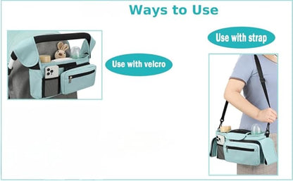 Universal Stroller Organizer with Insulated Cup Holder, Detachable Phone Bag, Shoulder Strap – Fits All Stroller Types, Keeps Drinks Hot/Cold (Blue)