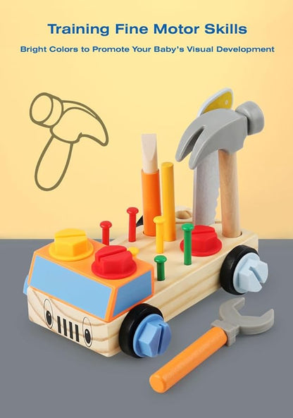 STEM Montessori Wooden Construction Toy Car Set with Real Tools for Kids Ages 3+ | Early Educational Building Kit, Fine Motor Skills Activity Gift for Boys & Girls
