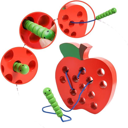 JCREN Wooden Lacing Apple Threading Toys Wood Lace Block Puzzle Shape Travel Game Toys Early Learning Fine Motor Skills Educational Gift for 3 4 5 Years Old Toddlers Baby Kids Boys